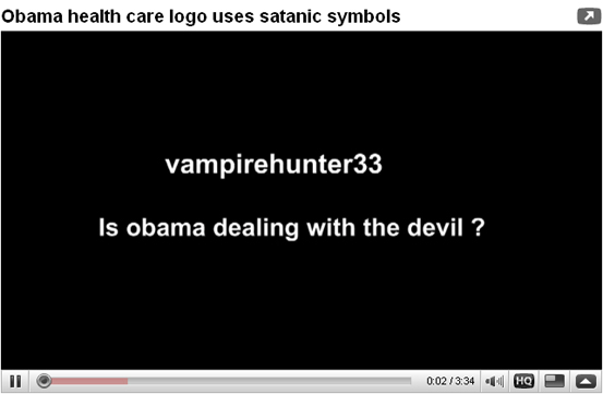 Please to meet you, hope you guess my name: Auch der Teufel wird bemüht. In diesem Youtube-Video, das nur ein Bild enthält, soll mit nachgewiesen werden, dass Obama teuflische Pläne hat.