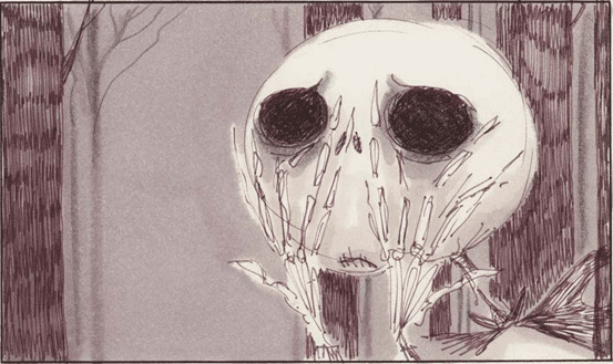 Storyboardzeichnung für den Film „The Nightmare before Christmas“ von 1993. (Füller, Tusche, Marker und Buntstifte auf Papier, 12,7 x 17,8 cm, Privatsammlung. Abdruck mit freundlicher Genehmigung des Museum of Modern Art, New York, © 2009 Tim Burton.)