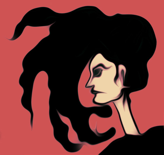 Frau mit blickverstellendem Haarschopf (Zeichnung)